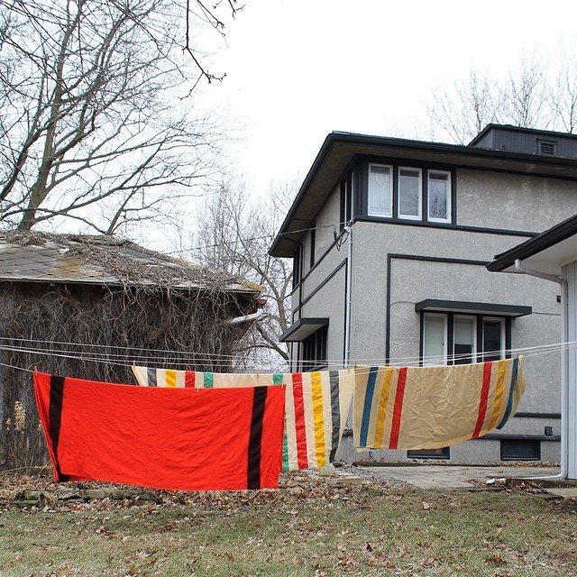 Pendleton wool blankets dry on a clothesline in the backyard