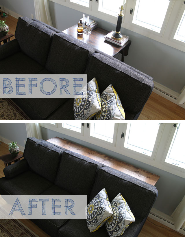 Before: a vintage table that didn't really fit behind the sofa; After: a DIY console table