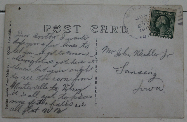 A 1914 postcard sent from Monona, Iowa to Lansing, Iowa