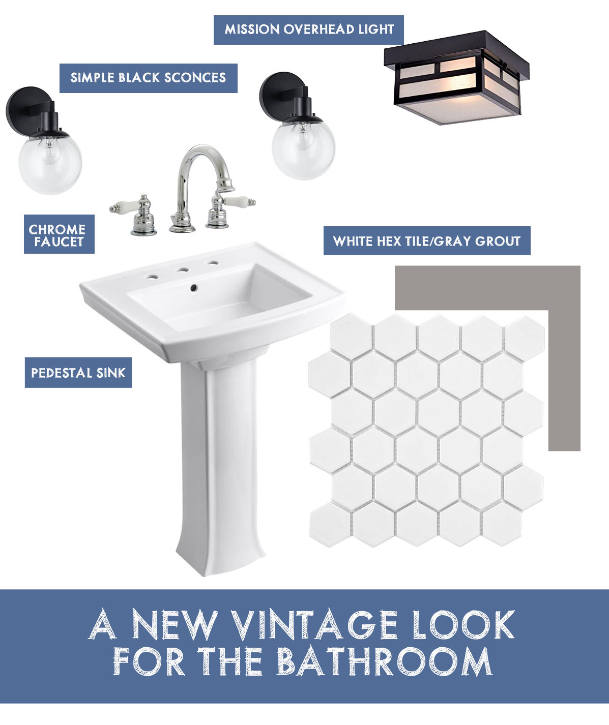 Vintage Style Bathroom on This American House - white pedestal sink, hex tile flooring and more