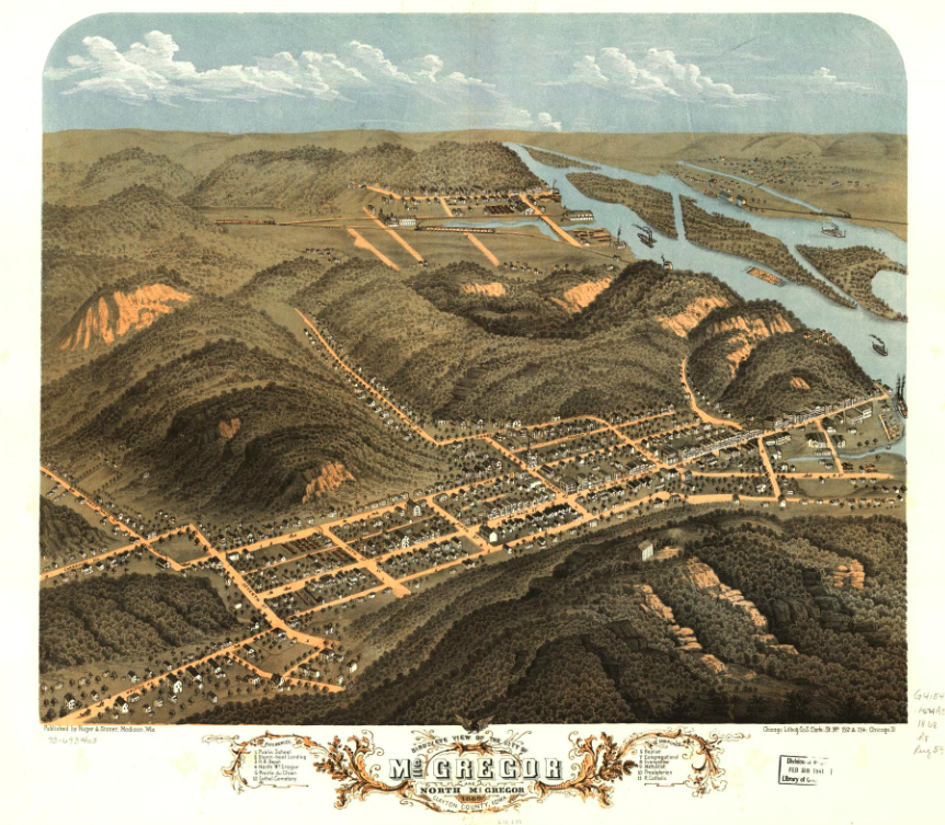 Vintage postcard of McGregor and North McGregor, Iowa, 1869