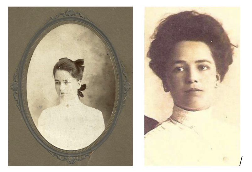 (left) Frances Heller photographed in Marengo, Iowa at age 16 in 1904, the same year her grandfather William died. (right) Frances at the time of her wedding to Frank Sankot, 1910. (Images courtesy of Hope and Mary C. Rogers)