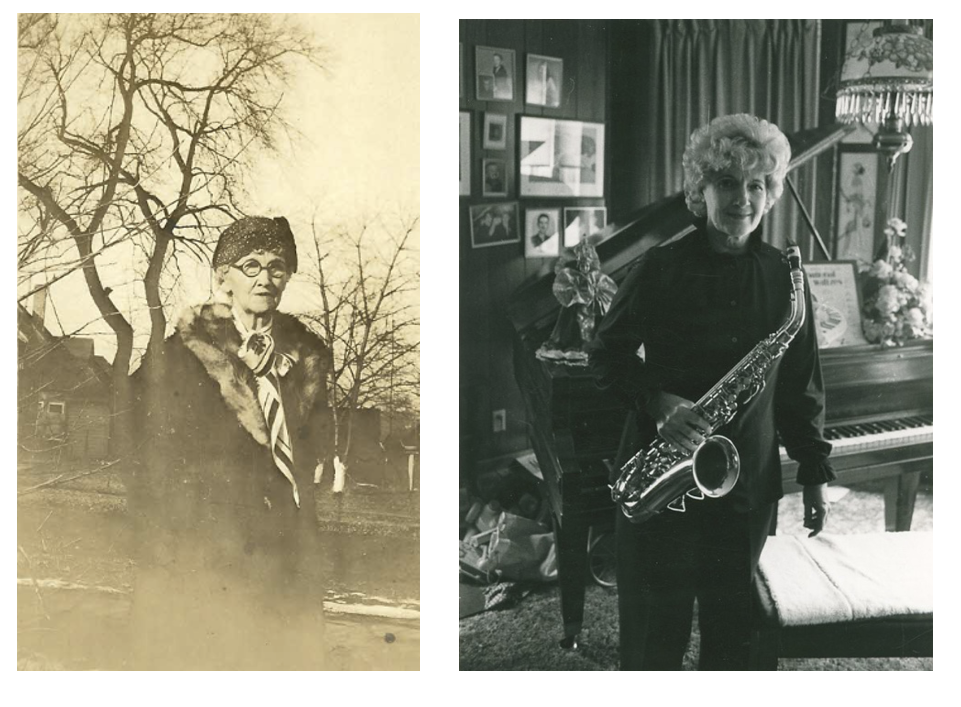 (left) Elizabeth Wright Heller in Belle Plaine, 1932. (right) Hope Rogers with her saxophone and piano in the late 1970s. (Images courtesy of Hope and Mary C. Rogers)